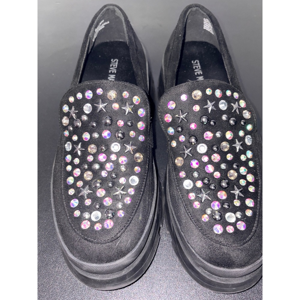 Steve Madden JLOOSY Black Rhinestone Star Studded Platform Lug Sole Loafers 4M - Picture 2 of 12
